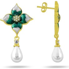 Altın Kaplama Mineli Çiçek Model Sallantılı İnci Kadın Küpe