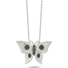 925 Ayar Siyah Taşlı  Kelebek Uzun Kadın Gümüş Kolye