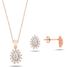 Rose Gold Zirkon Taşlı Bayan Kolye Küpe Seti