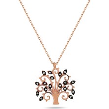 Rose Renk Siyah Gözlü Hayat Ağacı Kadın Gümüş Kolye