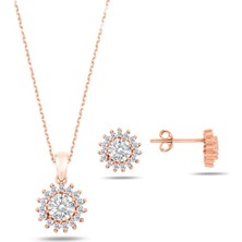 Rose Gold Zirkon Taşlı Bayan Kolye Küpe Seti