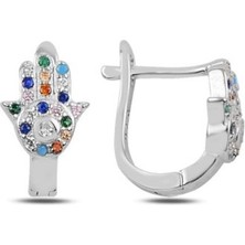 925 Ayar Gümüş Renkli Taşlı Fatma Ana Eli J Çocuk Küpe