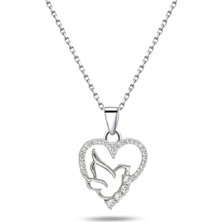 925 Ayar Gümüş Kuş Modelli Kalp Kadın Kolye
