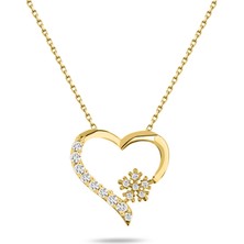 Zirkon Taşlı Kar Tanesi Kalpli Gümüş Kolye Altın Kaplama