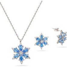 925 Ayar Lotus Çiçeği Aquamarin Taşlı Kadın Gümüş Kolye Küpe Set
