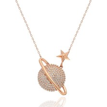 Rose Renk Gezegen Kolye Beyaz Taşlı Gümüş Kadın Kolye