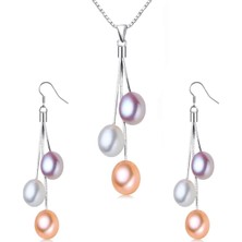 Gümüş Zarif Tasarım Tatlı Su İncisi Bayan Kolye Küpe Seti