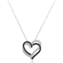 Kalbimde Çift Kalp Siyah Beyaz Taşlı Kadın Gümüş Kolye