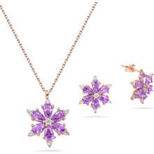 925 Ayar Lotus Çiçeği Ametist Taşlı Rose Kadın Kolye Küpe Set