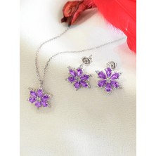 925 Ayar Lotus Çiçeği Ametist Taşlı Kadın Gümüş Kolye Küpe Set