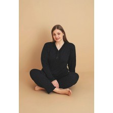 Kadın Büyük Beden Desenli Yakası Düğmeli Uzun Kollu Bambu Pijama Takımı