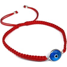 Sylvery Jewels - 10 mm Şeffaf Açık Mavi Göz Nazar Boncuğu Kırmızı İpli Makrome 925 Ayar Gümüş Bileklik