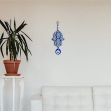 Ahşap Lazer Kesim Fatma Ana Eli (Hamsa) Cam Nazar Boncuğu Sallantılı Duvar Süsü 23 x 10 cm