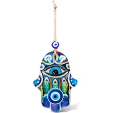 Cam Fatma Ana Eli (Hamsa) Nazar Boncuğu Duvar Süsü 15 x 10 cm  Jüt Ipli Cam Duvar Süsü