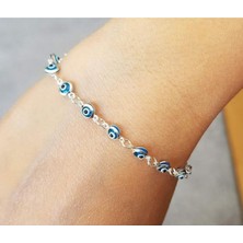 Sylvery Jewels 4 mm Cam Nazar Boncuğu Göz Bileklik 925 Ayar Gümüş Bileklik