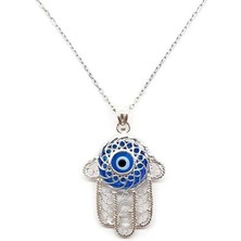 Sylvery Jewels Şeffaf Açık Mavi Nazar Boncuğu Gümüş Kolye Fatma Ana Eli (Hamsa) 925 Ayar Gümüş Kolye