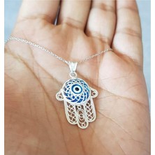 Sylvery Jewels Şeffaf Açık Mavi Nazar Boncuğu Gümüş Kolye Fatma Ana Eli (Hamsa) 925 Ayar Gümüş Kolye