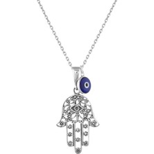 Sylvery Jewels Cam Nazar Boncuklu Fatma Ana Eli (Hamsa) 925 Ayar Gümüş Kolye