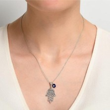 Sylvery Jewels Cam Nazar Boncuklu Fatma Ana Eli (Hamsa) 925 Ayar Gümüş Kolye