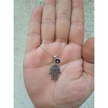 Sylvery Jewels Cam Nazar Boncuklu Fatma Ana Eli (Hamsa) 925 Ayar Gümüş Kolye