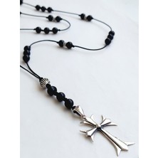 Gümüş Siyah Onyx Doğal Taşlı Gotik Tasarım Haç Çarpı Erkek Kolye Doğum Günü Hediye