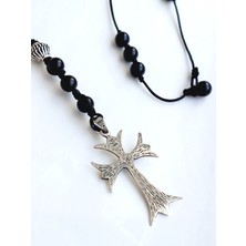 Gümüş Siyah Onyx Doğal Taşlı Gotik Tasarım Haç Çarpı Erkek Kolye Doğum Günü Hediye