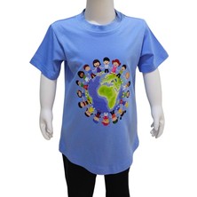 Dünya Çocukları Baskılı Mavi Tişört