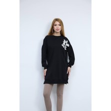 Kadın Bisiklet Yaka Çiçek Detaylı Iki Iplik Oversize Tunik
