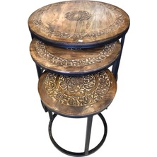 Eskitme Ahşap Ferforje Oymalı Yuvarlak Sehpa 3'lü Set KNA210 68X68X50 Cm.