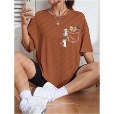 Unisex Cat Renkli Özel Baskılı Oversize Pamuk Bisiklet Yaka Penye T-Shirt