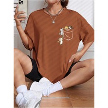 Unisex Cat Renkli Özel Baskılı Oversize Pamuk Bisiklet Yaka Penye T-Shirt
