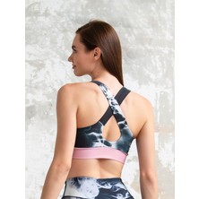 Siyah Beyaz Duman Desen Pembe Şeritli Sporcu Sütyeni