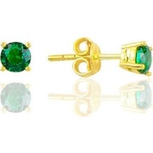 Işıltılı 925 Ayar Gümüş Altın Kaplama Yeşil Zirkon Taşlı Tek Taş Küpe 4 mm