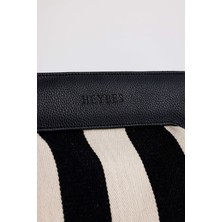 Heybes Kadın Siyah Çizgi Desenli Kanvas Clutch El Çantası