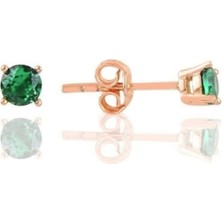 Işıltılı 925 Ayar Gümüş Rose Kaplama Yeşil Zirkon Taşlı Tek Taş Küpe 4 mm