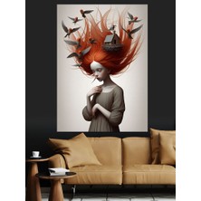 Kuş Yuvası ve Kızıl Saçlı Kadın Dekoratif Kanvas - Mdf Ahşap Tablo