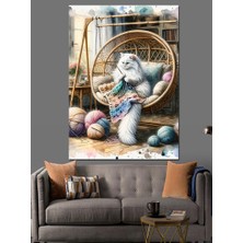 Örgü Yapan Beyaz Kedi ve Iplikler Dekoratif Kanvas - Mdf Ahşap Tablo