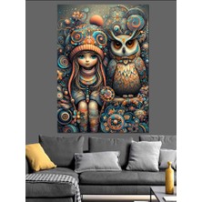 Sevimli Kız Çocuğu ve Baykuşu Dekoratif Kanvas - Mdf Ahşap Tablo