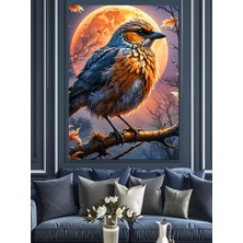 Ay Işığında Daldaki Serçe Dekoratif Kanvas - Mdf Ahşap Tablo