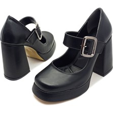 Siyah Renk Bantlı Kalın Yüksek Topuk Platform Taban Kadın Abiye Ayakkabı