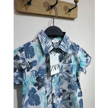 Erkek Çocuk Hawaii Desenli Keten Mavi Gömlek