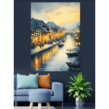 Kanaldaki Tekneler ve Evler Dekoratif Kanvas - Mdf Ahşap Tablo