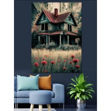 Kır Evi ve Kırmızı Çiçekler Dekoratif Kanvas - Mdf Ahşap Tablo