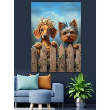 Çitin Arkasındaki Üzgün Köpekler Dekoratif Kanvas - Mdf Ahşap Tablo