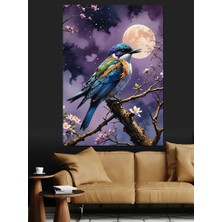 Mavi Kuş ve Dolunay Dekoratif Kanvas - Mdf Ahşap Tablo