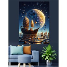 Ay ve Yelkenli Gemi Dekoratif Kanvas - Mdf Ahşap Tablo