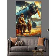 Retro Uçak ve Küçük Pilot Dekoratif Kanvas - Mdf Ahşap Tablo