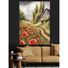 Kır Evi ve Gelincik Çiçekleri Dekoratif Kanvas - Mdf Ahşap Tablo