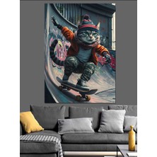 Kaykay Yapan Kedi Dekoratif Kanvas - Mdf Ahşap Tablo