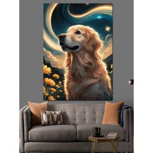 Ay Çiçekleri ve Golden Köpek Dekoratif Kanvas - Mdf Ahşap Tablo